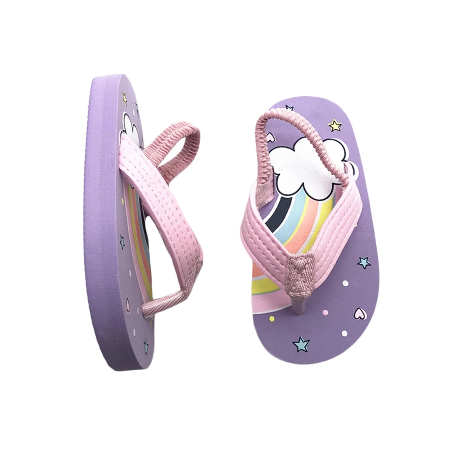Toddler beach flip flops in purple and pink with rainbow and cloud design, perfect for kids&