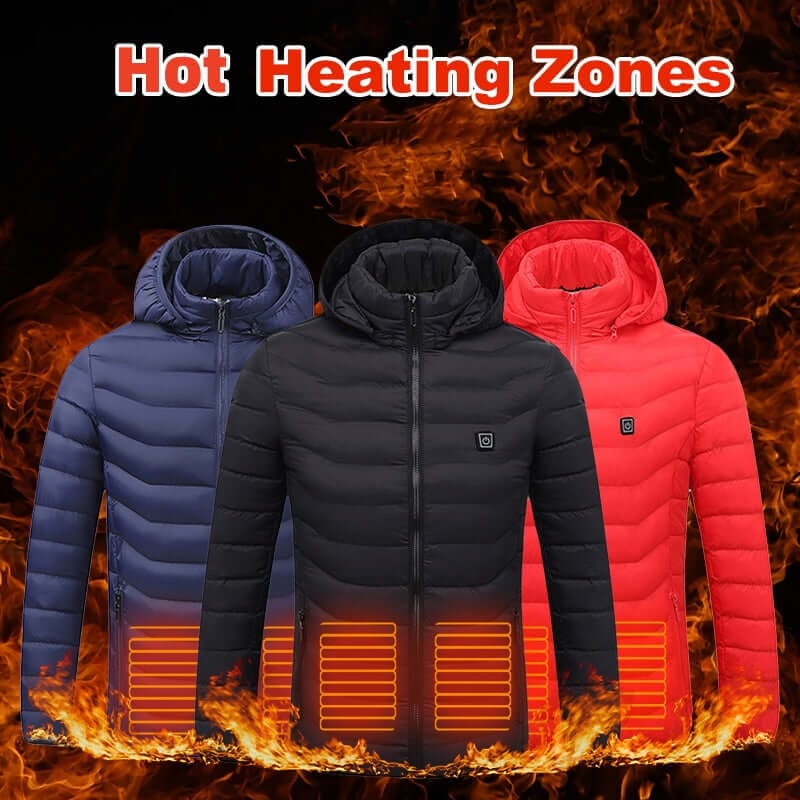 Heated jacket for men showcasing hot heating zones in blue, black, and red colors with flame background.