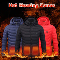 Heated jacket for men showcasing hot heating zones in blue, black, and red colors with flame background.