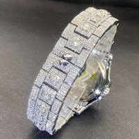 Men's high-end diamond-encrusted hip-hop watch featuring a fully sparkling design in silver.
