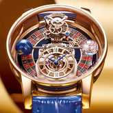 Limited edition quartz watch showcasing intricate design and movement, featuring roulette-inspired dial and leather strap.