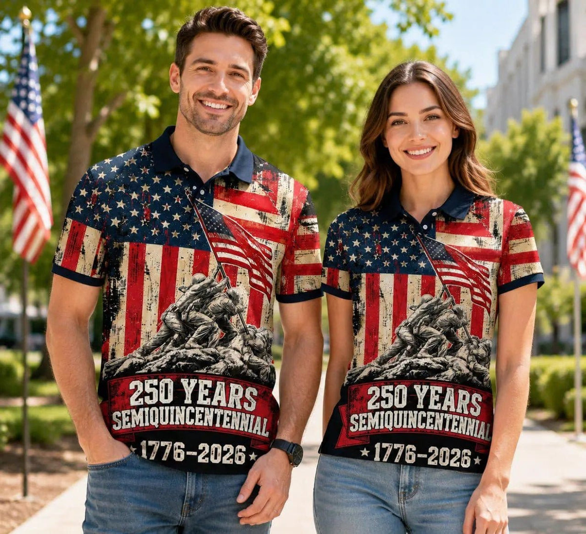 Patriotic eagle polo shirt worn by a man and woman, featuring vibrant American flag design and commemorative text 1776-2026.