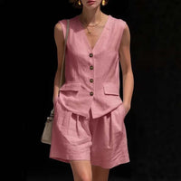 Womens Simple Elegant Cotton-Linen Vest Top And Shorts Two-Piece Set | Silver Fox Sales