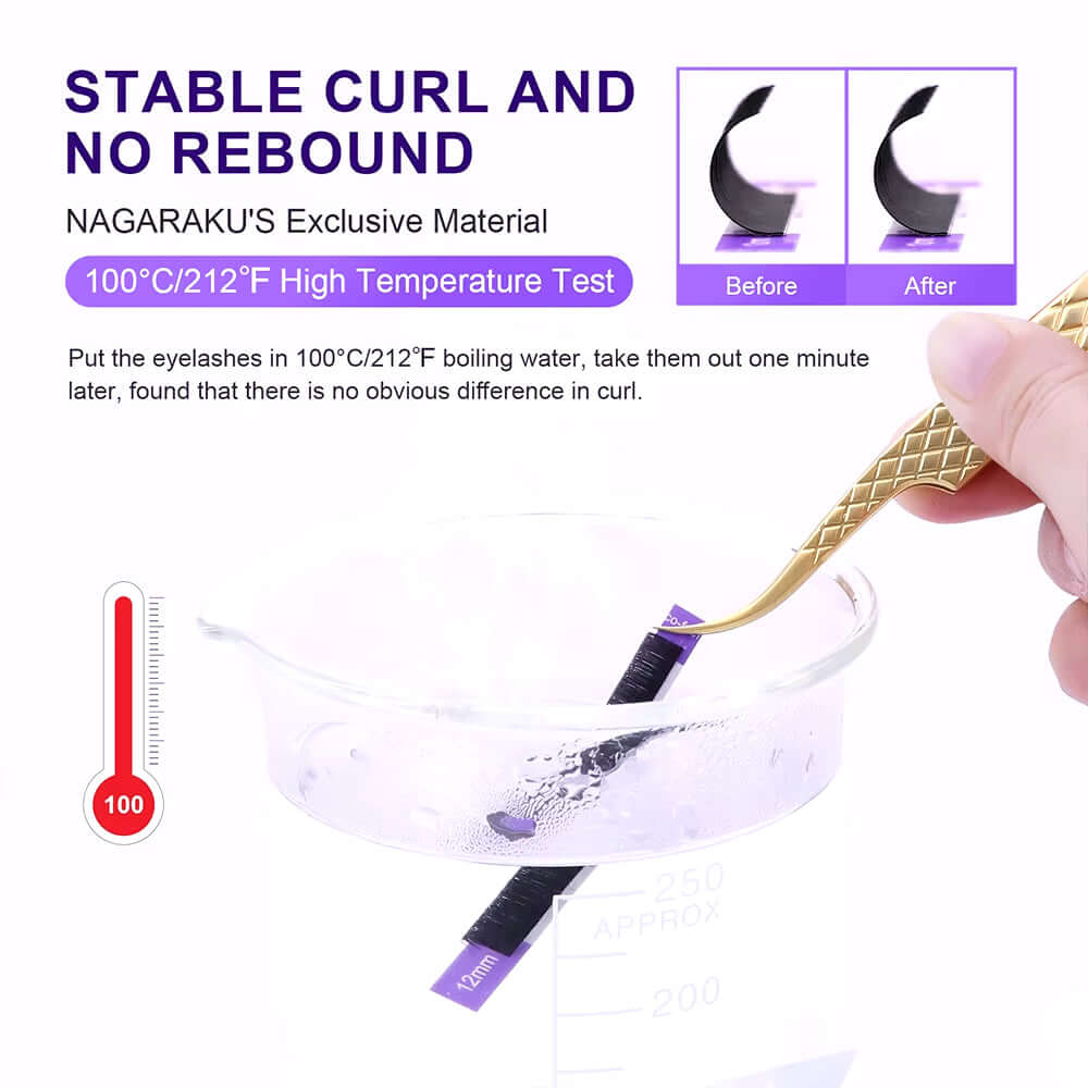 NAGARAKU individual eyelash extension lashes tested for stable curl and no rebound in high temperature conditions.