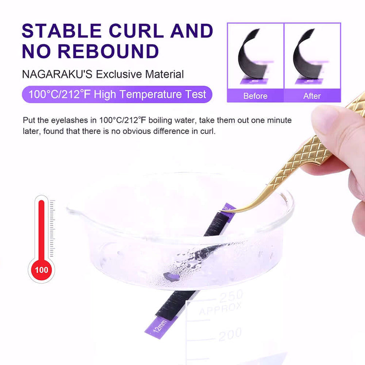 NAGARAKU individual eyelash extension lashes tested for stable curl and no rebound in high temperature conditions.