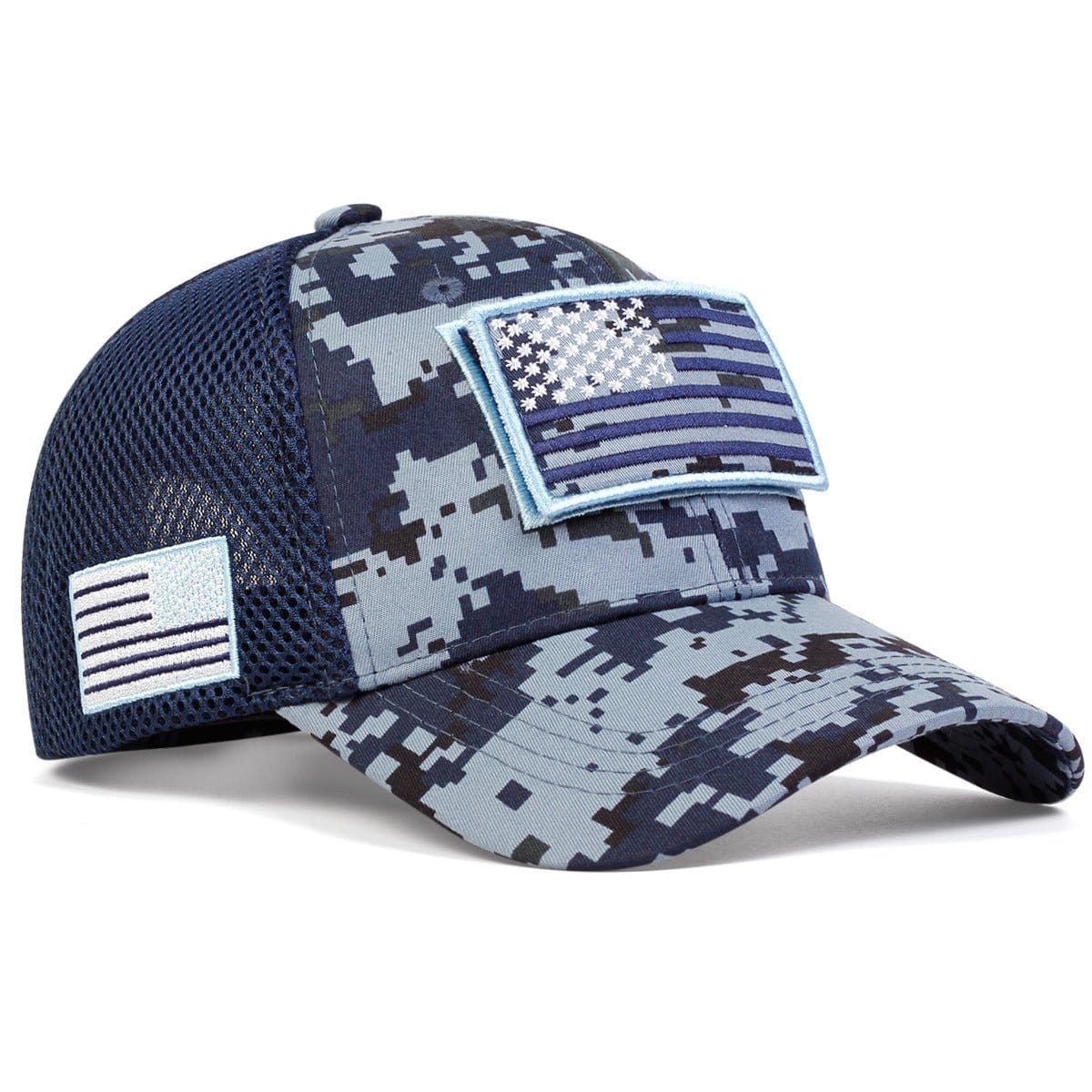 military sun protection hat in blue camouflage with American flag patches, suitable for outdoor activities.