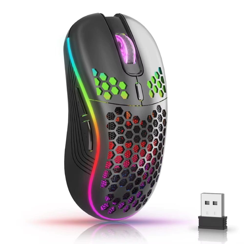 Wireless gaming mouse with RGB backlighting, 6 buttons, and ergonomic honeycomb design.