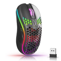 Wireless gaming mouse with RGB backlighting, 6 buttons, and ergonomic honeycomb design.