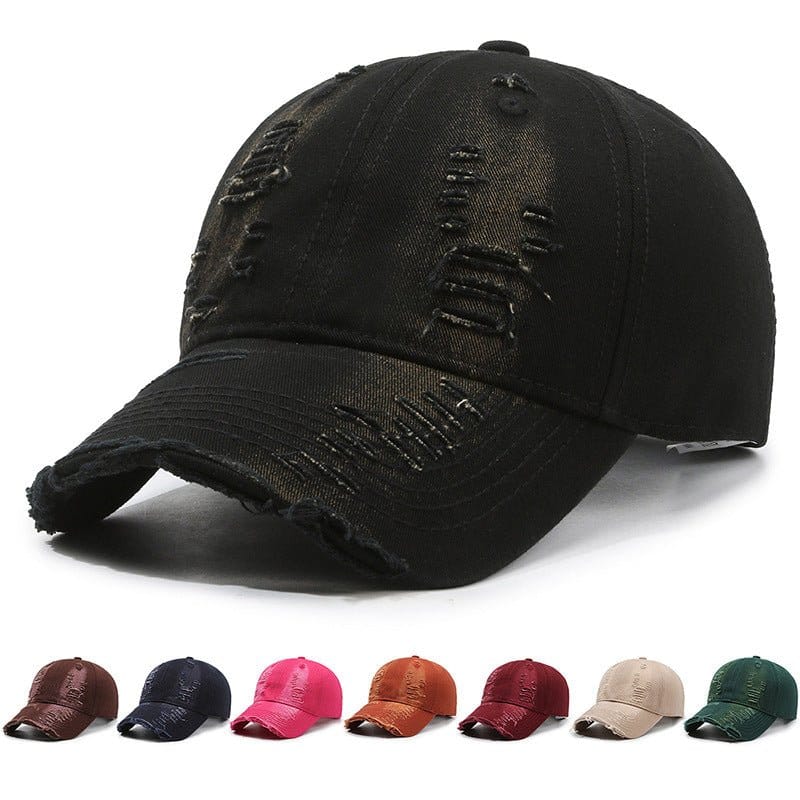 Vintage baseball cap for men in black with distressed details and multiple color options displayed.