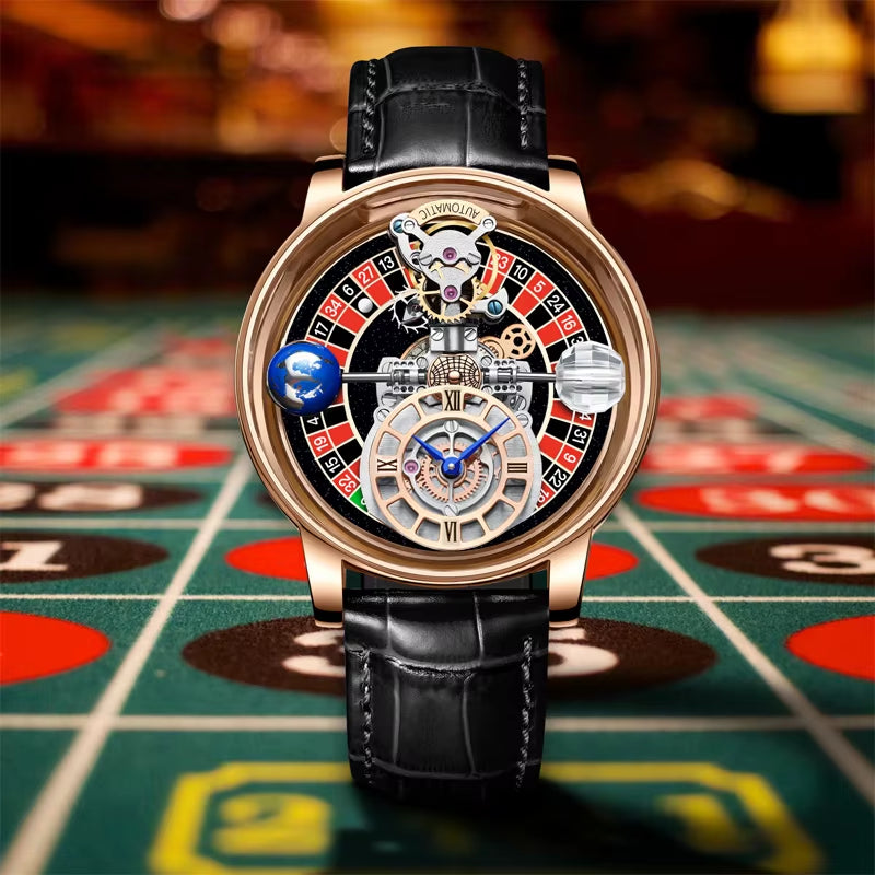 Limited edition quartz watch featuring a roulette theme with transparent dial and leather strap.