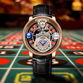 Limited edition quartz watch featuring a roulette theme with transparent dial and leather strap.