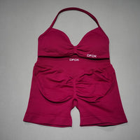 Women 2PCS Fitness Sports Set Lace up Yoga Bra High Waist Short Leggings Seamless Cycling Running Workout Activewear