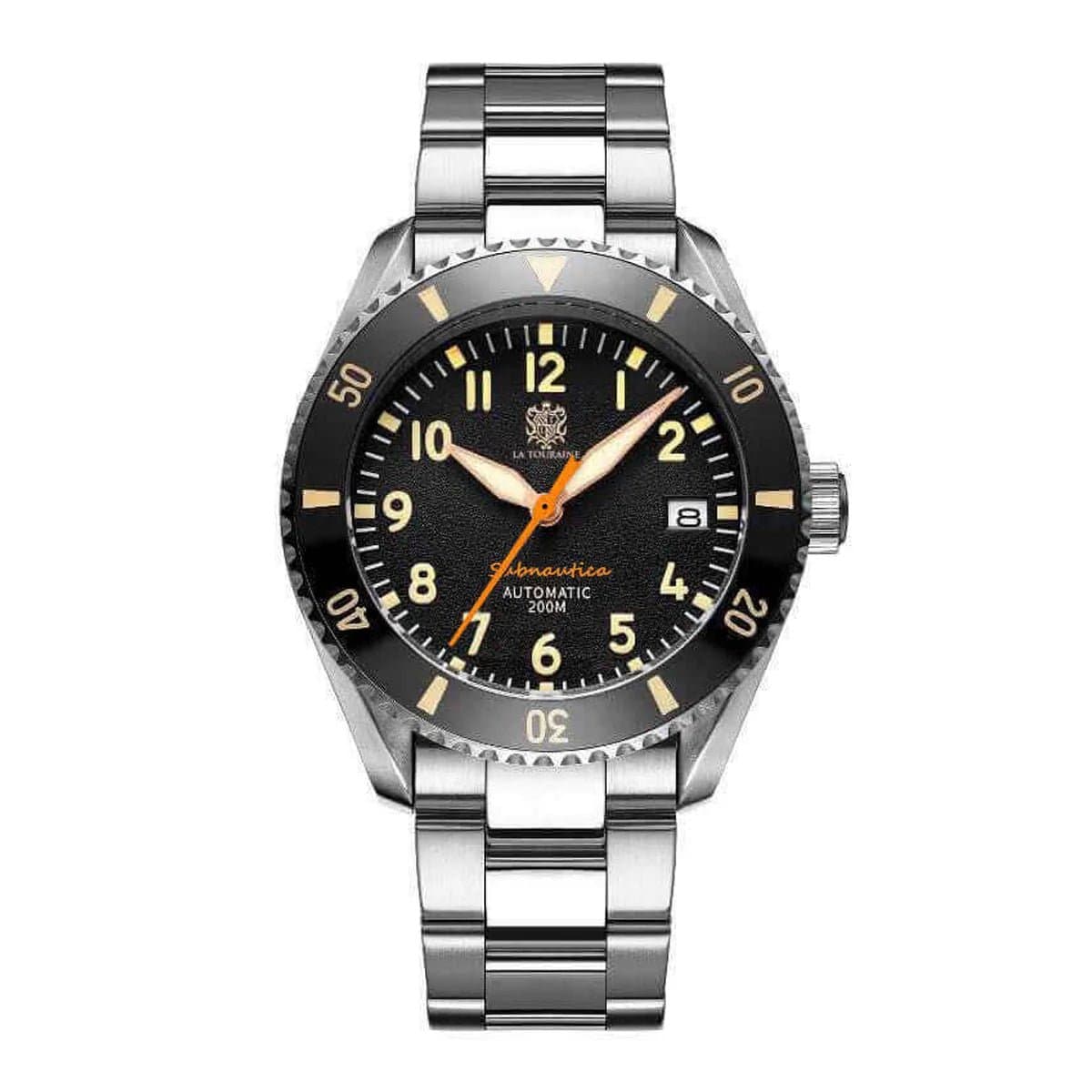 Subnautica Automatic Diver Watch with black dial and stainless steel bracelet, designed for diving and daily wear.
