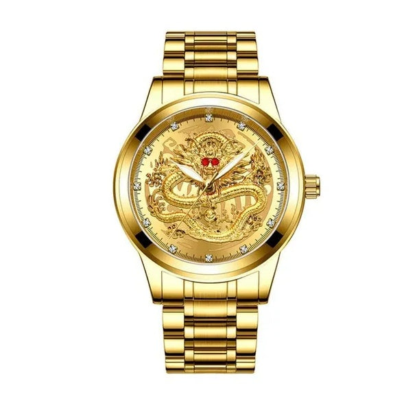 Men's gold dragon watch, front view of rhinestone-marker dial