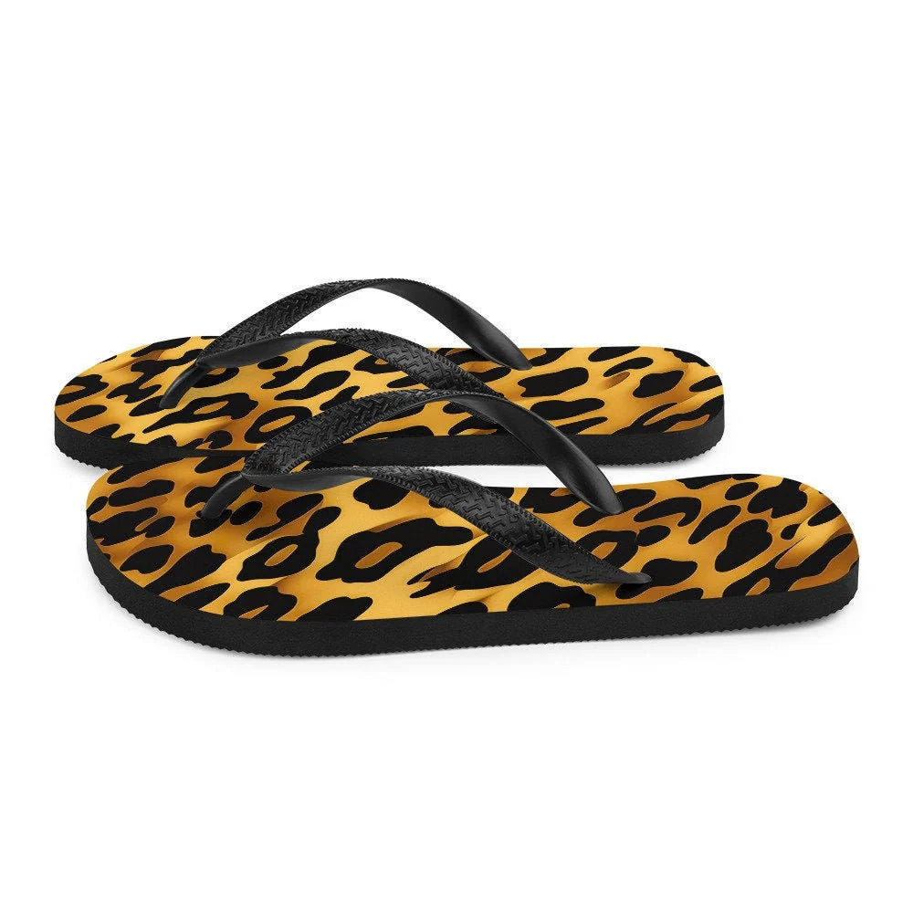 emerald leopard print flip flops, stylish black and gold leopard print design for summer adventures