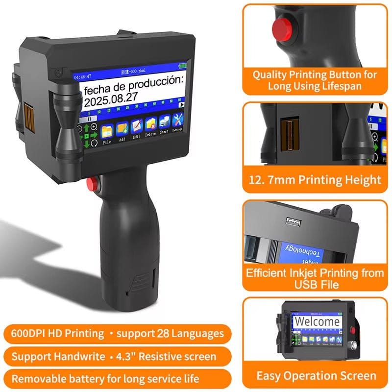 12.7MM Portable Handheld Inkjet Printer for Production Date Barcode Label Coding Machine Batch Number QR Quick Drying