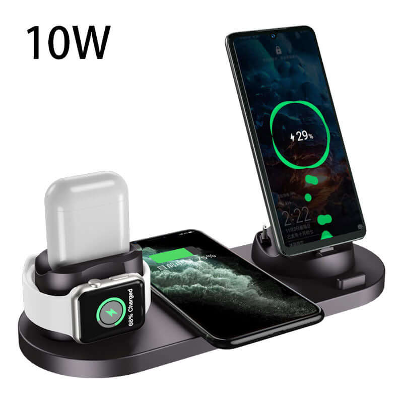 6 in 1 wireless charging dock for iPhone with multiple devices charging simultaneously.