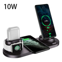 6-in-1 wireless charging dock for iPhone in black, featuring 10W charging for smartphones and smartwatches.