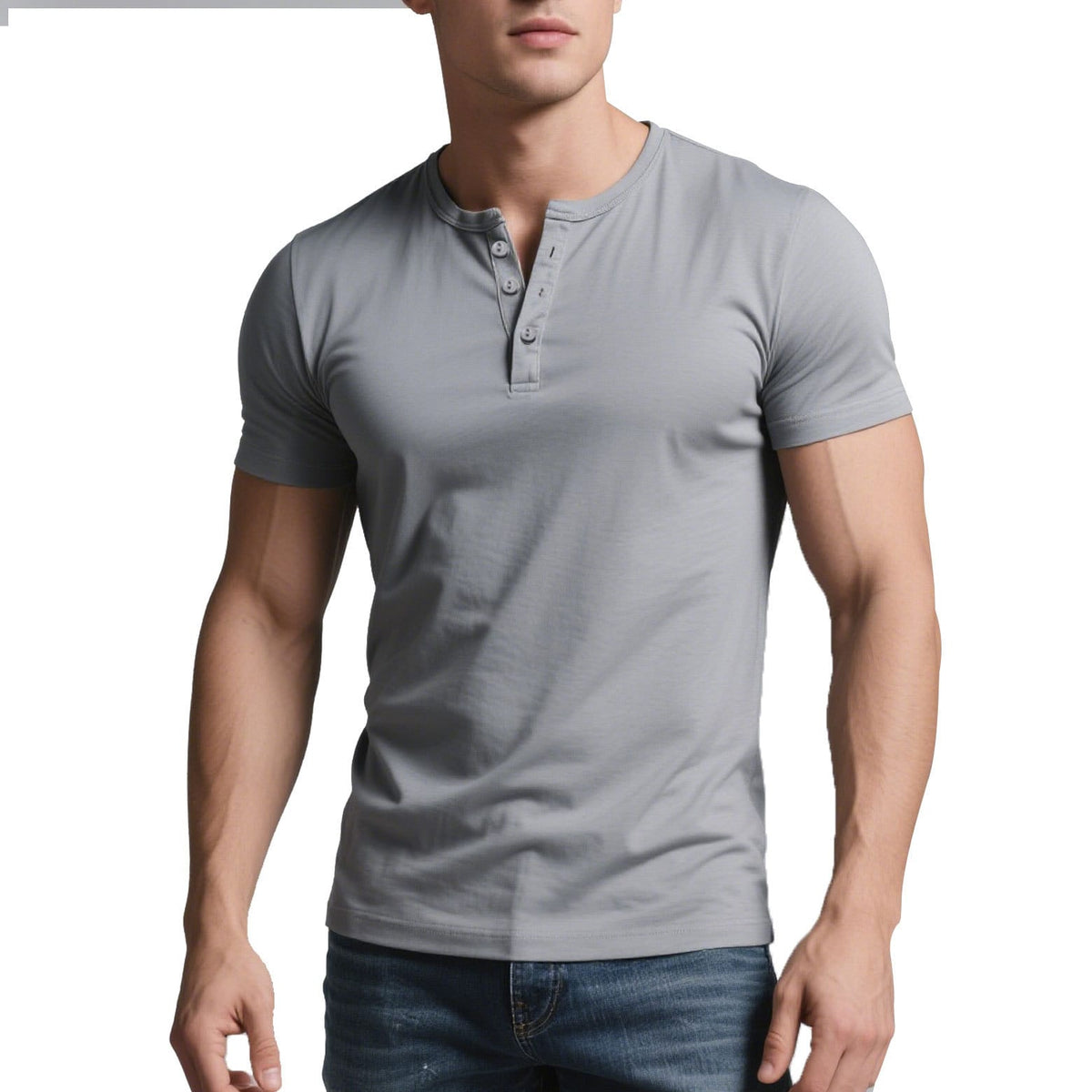 Mens casual crew-neck t-shirt in light grey, featuring a slim fit and short sleeves, great for casual wear.