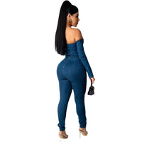 Women's Off-Shoulder Strappy Denim Jumpsuit | Silver Fox Sales