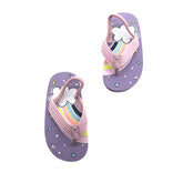 Toddler beach flip flops in purple with rainbow and cloud design, perfect for summer fun at the beach and pool.
