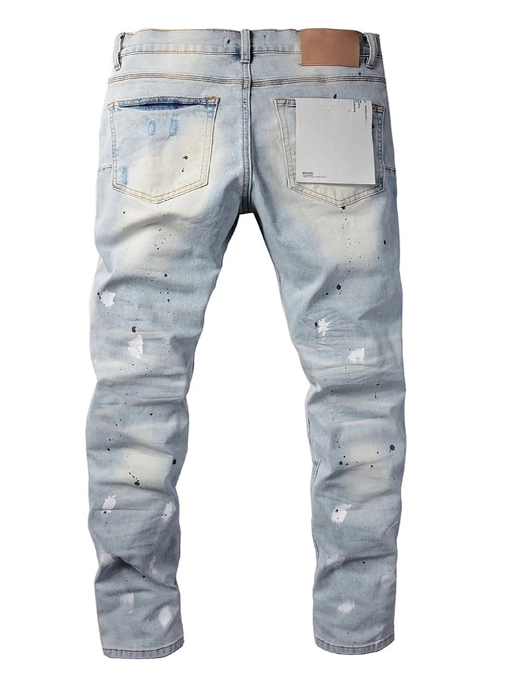 Back view of Shanxi Stretchy Slim Straight Pants, showcasing stylish slim straight pants for men in a distressed design.