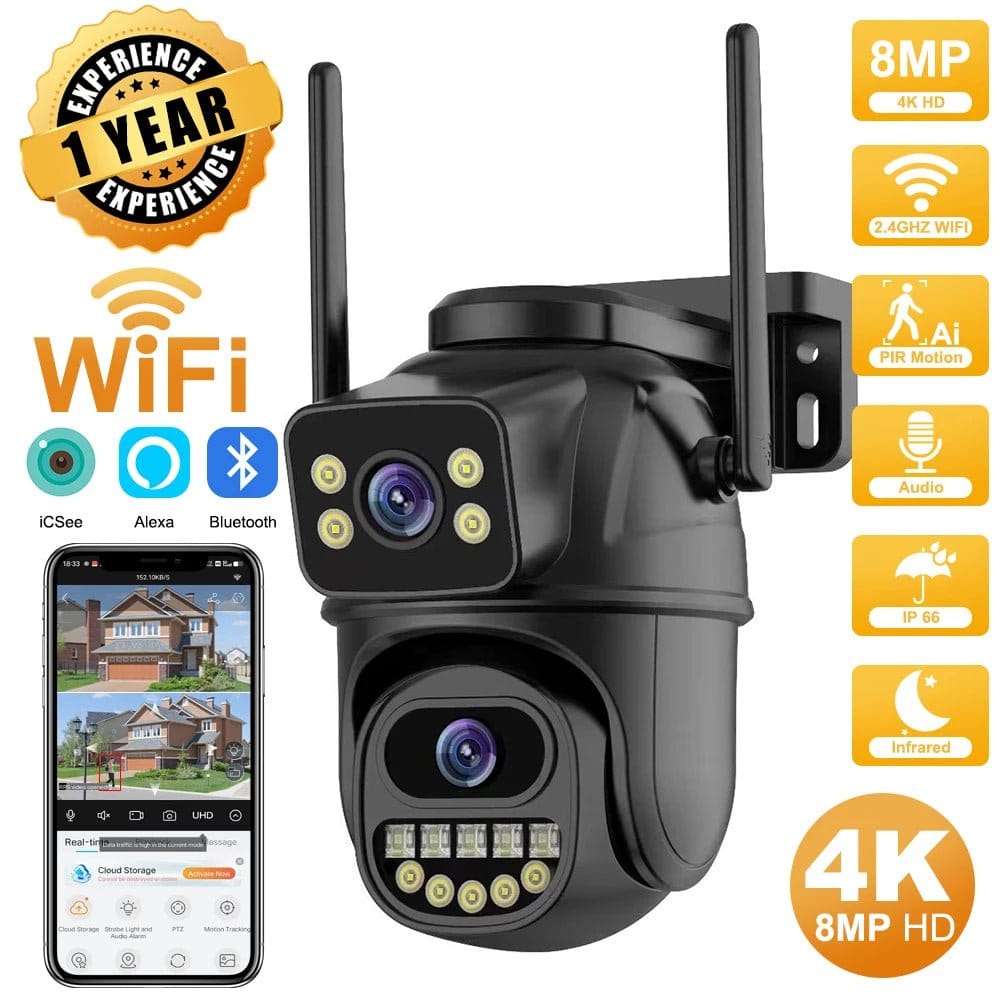 4K HD Wifi PTZ camera with AI tracking showing dual lens outdoor surveillance features