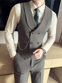men's double-breasted shawl collar vest in stylish gray with a pocket chain, perfect for formal occasions.