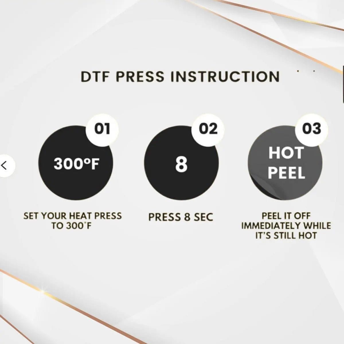 DTF press instructions on setting heat press, timing, and peeling instructions for custom DTF heat transfer designs.