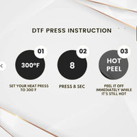 DTF press instruction steps including temperature and pressing time for custom DTF heat press transfer application.