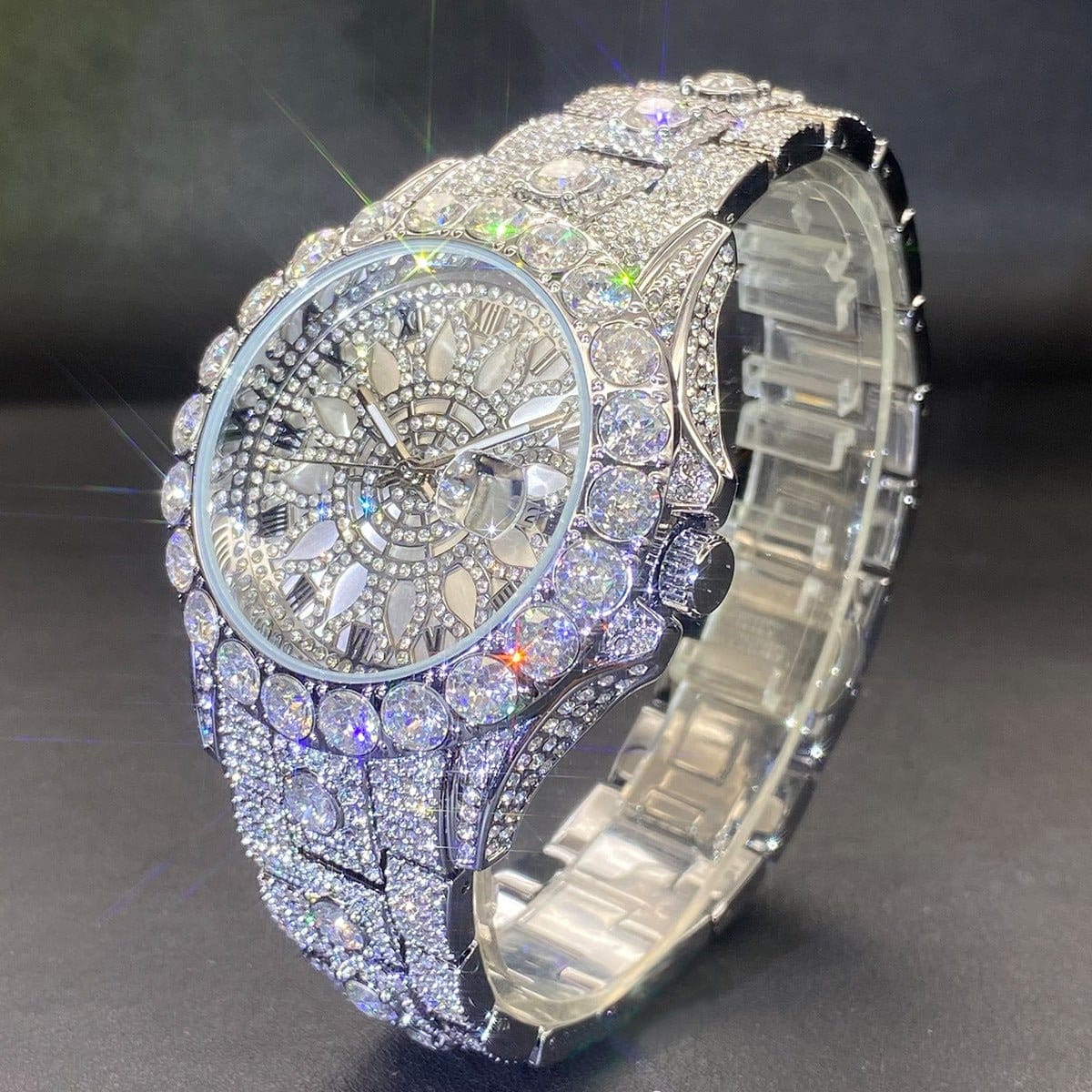 Men's high-end, fully diamond-encrusted hip-hop watch in silver, featuring a glitzy design.