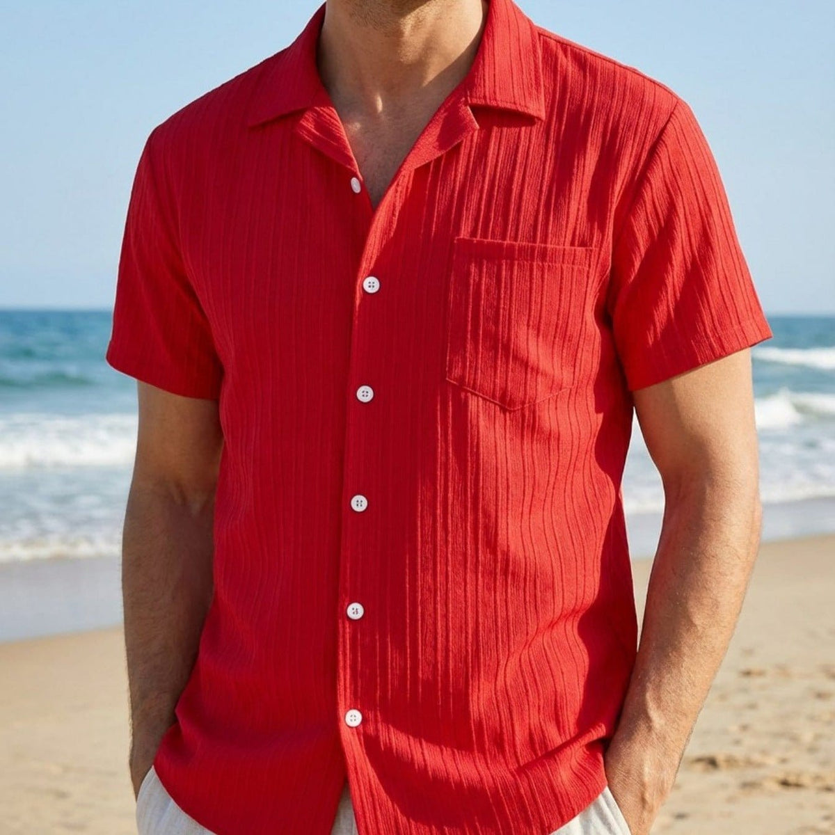 men's summer striped casual shirt in red, short-sleeve with lapel design, perfect for beach wear.