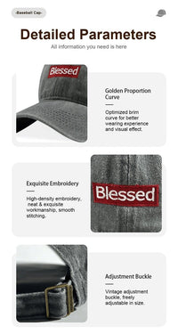 Vintage Washed Blessed Embroidered Dad Hat with exquisite embroidery and adjustable buckle.