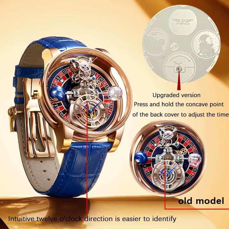 Limited edition quartz watch showcasing upgraded version with transparent dial and leather strap, emphasizing innovative design features.