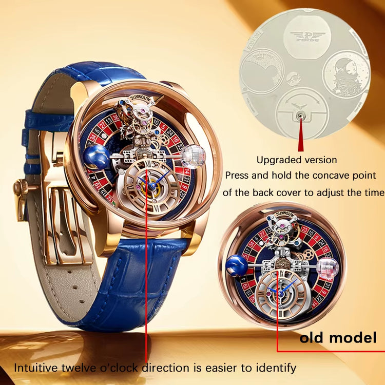 Limited edition quartz watch showcasing upgraded version with transparent dial and leather strap, emphasizing innovative design features.