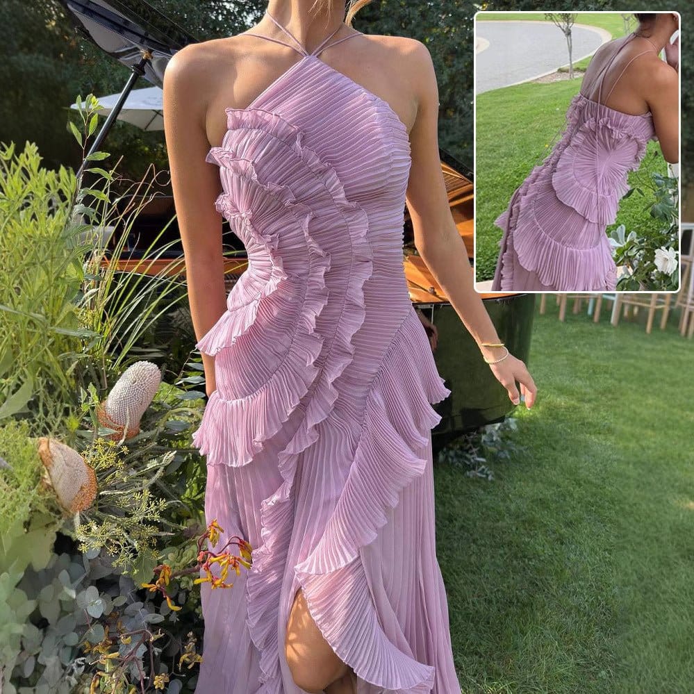 Ruffled Pleated Halterneck Dress Summer Irregular Hem Dresses Party Club Evening Gown Clothing | Silver Fox Sales