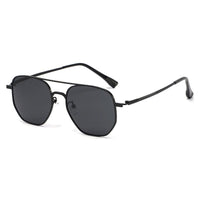 Polarized fashion sunglasses in black frame with black-gray lens, stylish polygon design for European and American fashion.