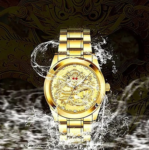 Men's gold dragon watch with red-eye 3D dragon dial and gold-tone steel band