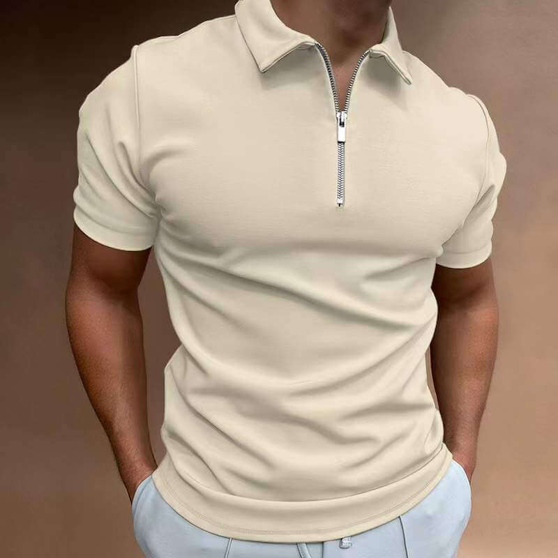 men's casual polo shirt in beige with a zippered collar, showcasing a modern style perfect for leisure.