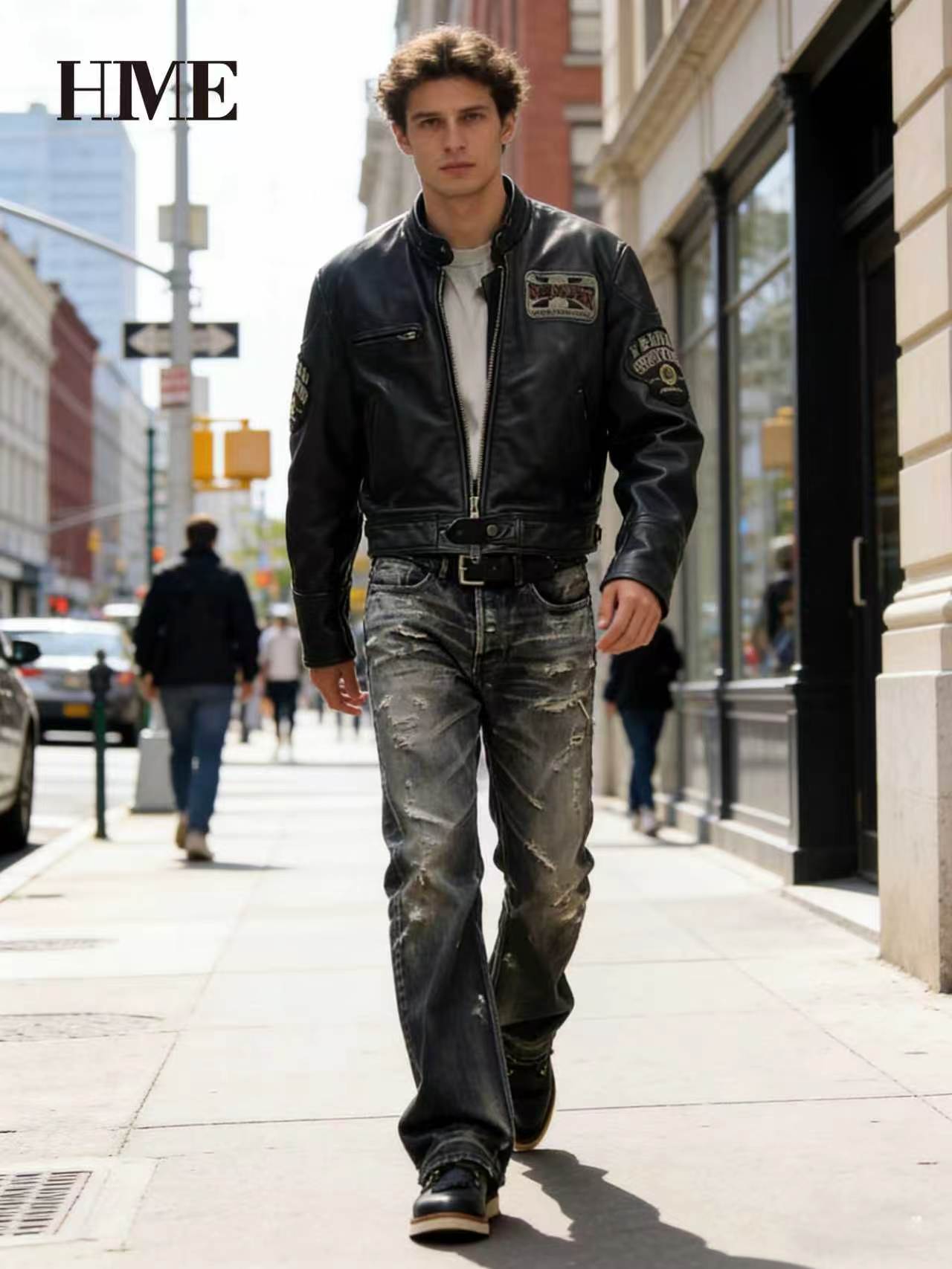 Model wearing Shanxi stretchy slim straight pants with a black leather jacket on the street.