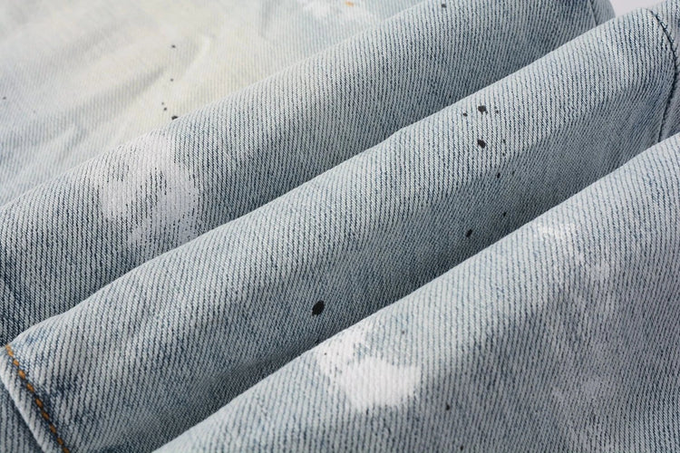 Close-up of Shanxi Stretchy Slim Straight Pants showcasing the unique denim texture and detailing of slim straight pants for men.