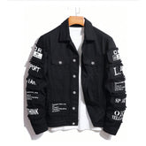 Korean loose-fitting denim jacket with graphic accents and a stylish design.