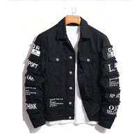 Korean loose-fitting denim jacket with graphic accents and a stylish design.