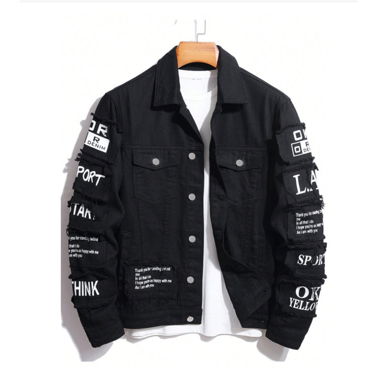 Korean loose-fitting denim jacket with graphic accents and a stylish design.