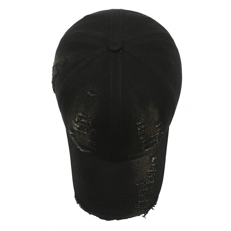 vintage baseball cap for men in black with a distressed look, top view showcasing the crown design.