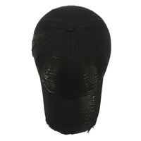 vintage baseball cap for men in black with a distressed look, top view showcasing the crown design.