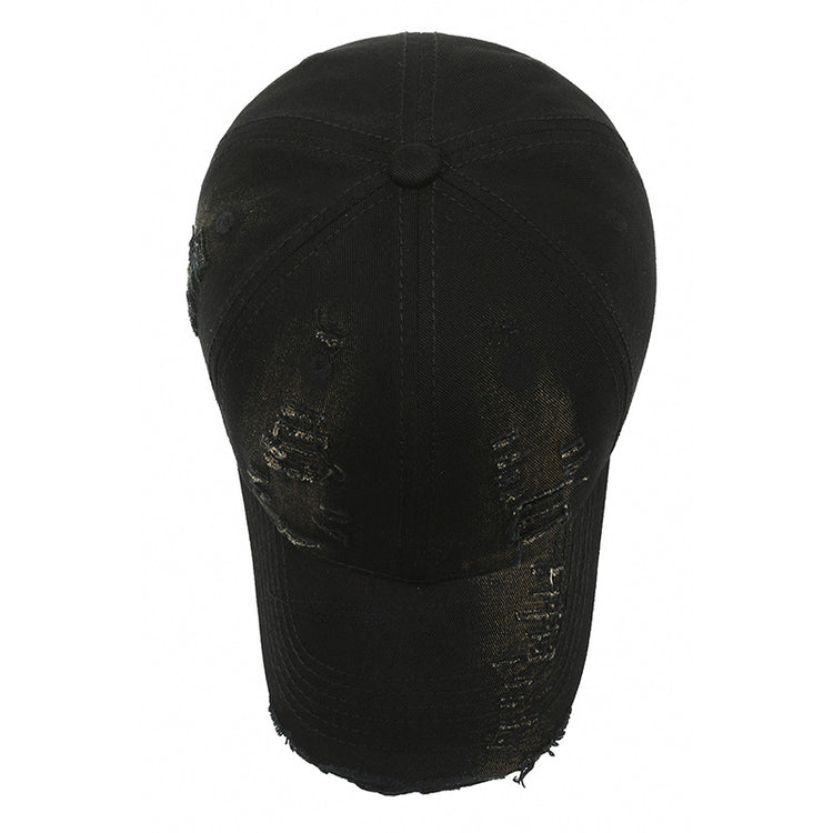 vintage baseball cap for men in black with a distressed look, top view showcasing the crown design.