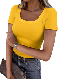 Women Short Sleeve Tops Scoop Neck Ribbed Knit Slim Fitted Basic Tee Shirt Casual Summer Clothes