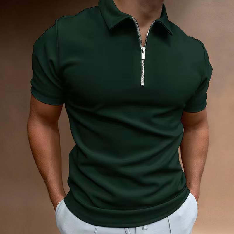 Men's casual polo shirt in dark green with a zippered collar, perfect for leisure and stylish outings.