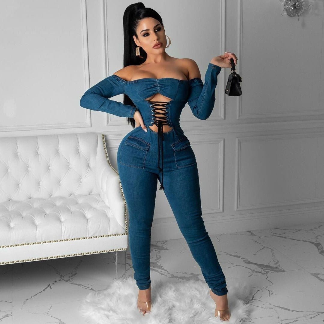 Women's Off-Shoulder Strappy Denim Jumpsuit | Silver Fox Sales